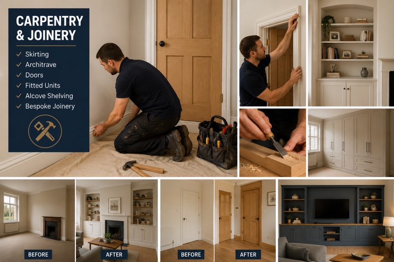 Mayfair carpenter fitting bespoke oak shelving in a period townhouse
